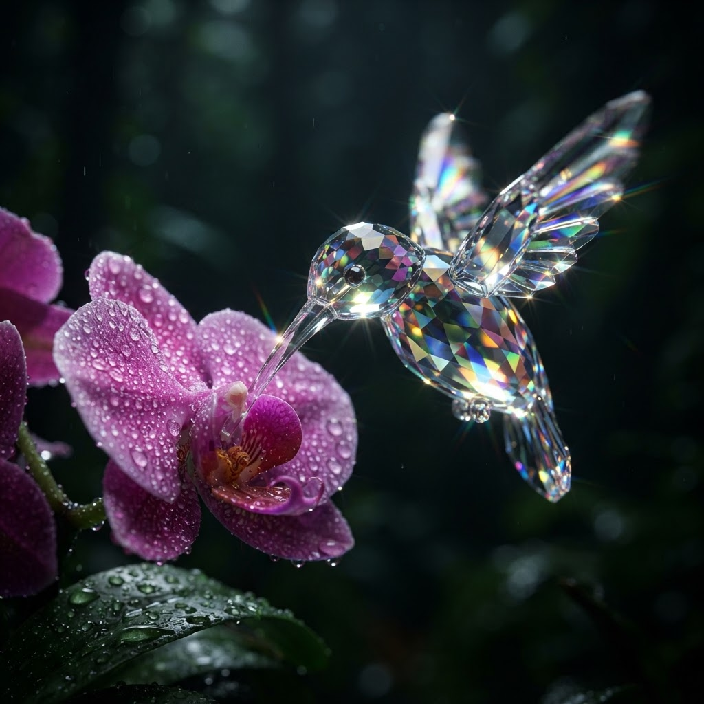 Crystal hummingbird made of faceted glass drinking from a dewy flower